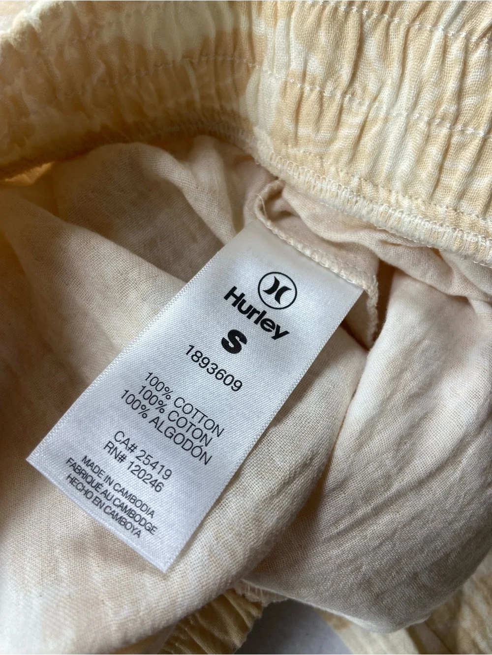 Hurley Tan and White Gauzy 100% Cotton Elastic-Waist‎ Tropical Pants, Small
